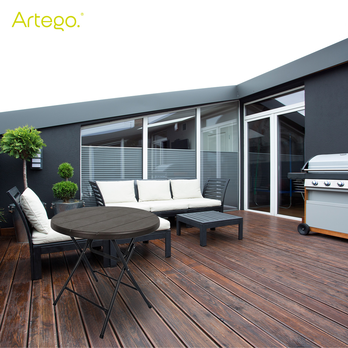 Mesa circular plegable acabado tipo madera plástico HDPE ligera Folding table mesa compacta para terraza jardín balcón apoyo eventos de 80cm.