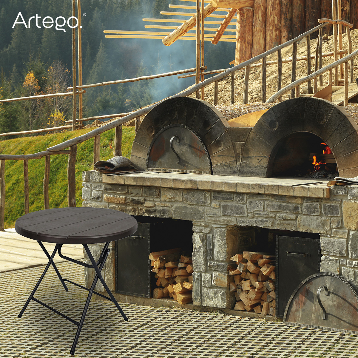 Mesa circular plegable acabado tipo madera plástico HDPE ligera Folding table mesa compacta para terraza jardín balcón apoyo eventos de 80cm.