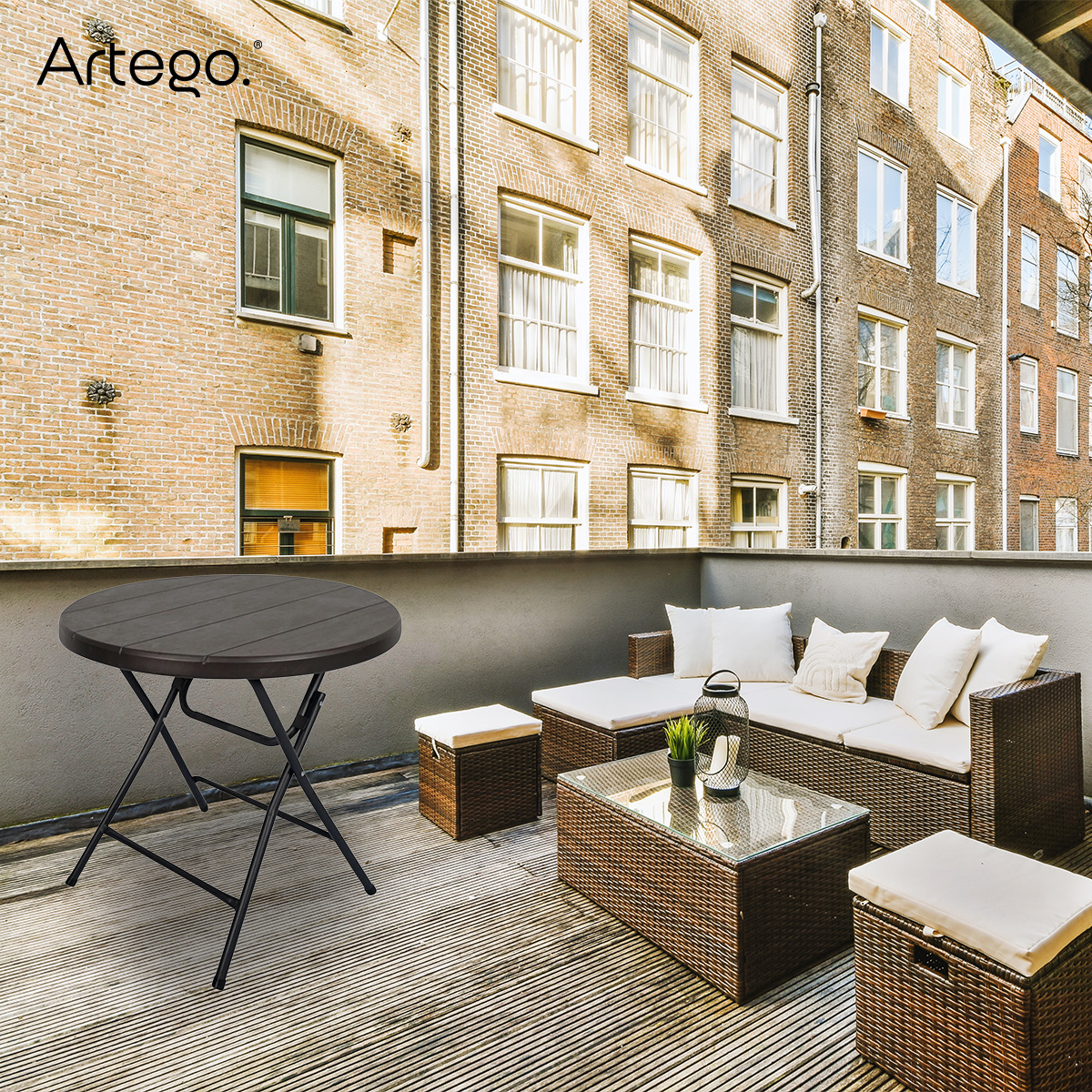Mesa circular plegable acabado tipo madera plástico HDPE ligera Folding table mesa compacta para terraza jardín balcón apoyo eventos de 80cm.
