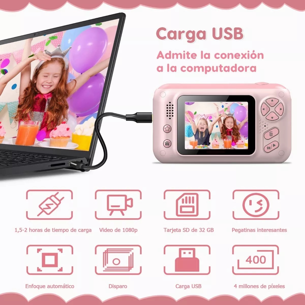 Camara Fotografica Digital Infantil Mini Niños Videos Fotos Rosa.