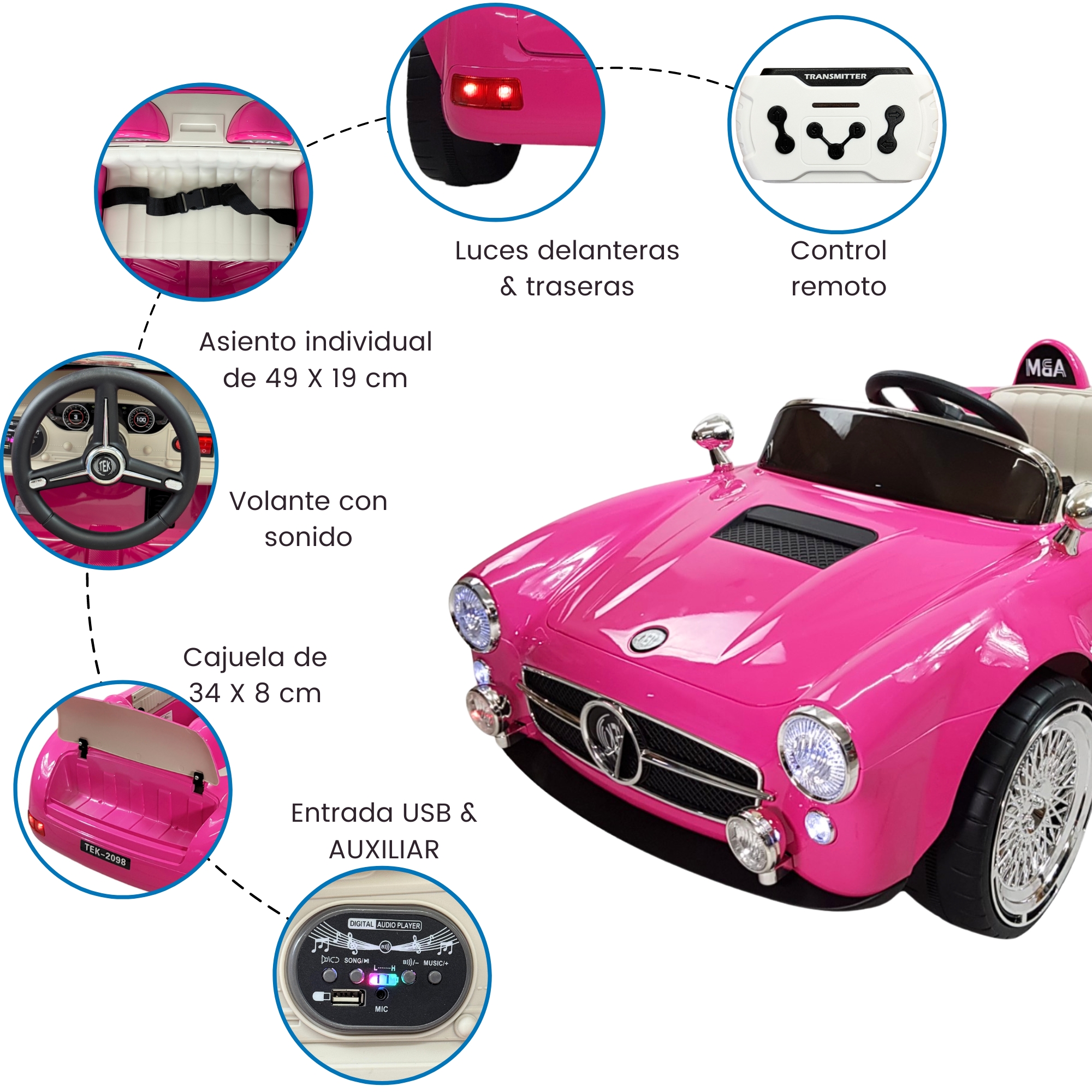 Montable para Niños con Control Remoto,Sonido,luz,12V,Usb - Rosa.