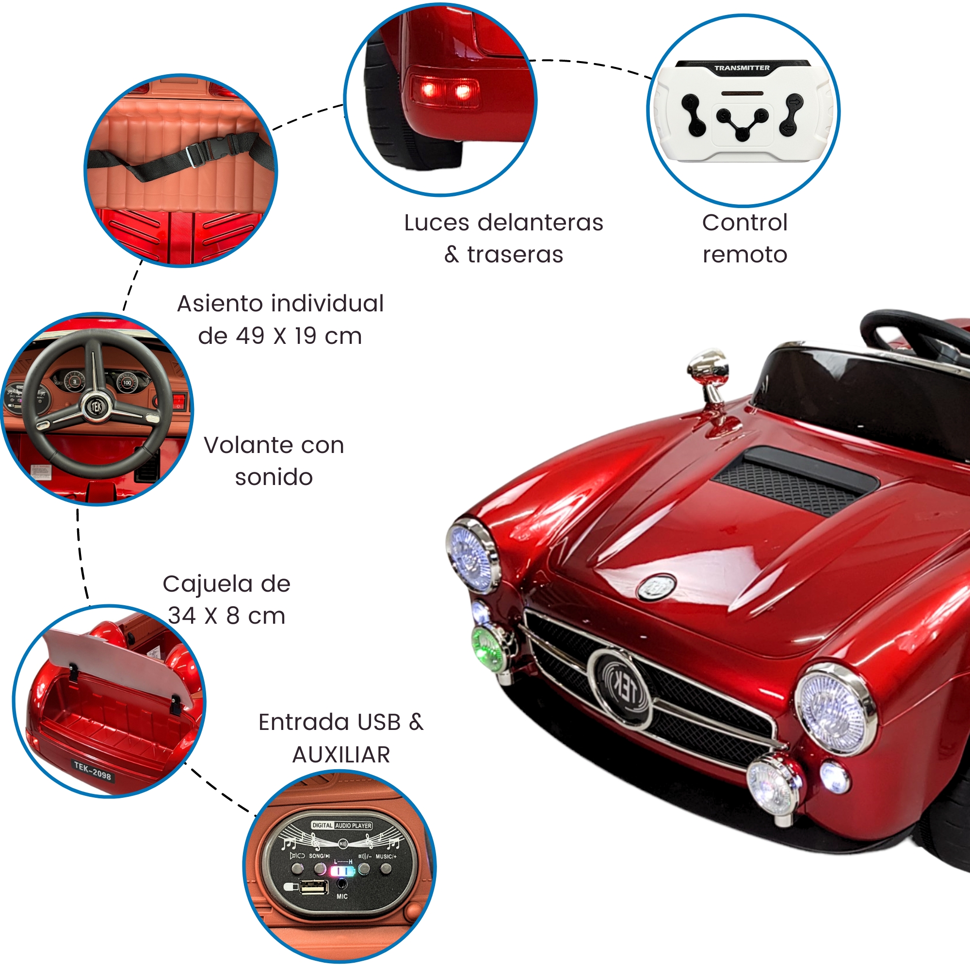 Montable para Niños con Control Remoto,Sonido,luz,12V,Usb - Rojo.
