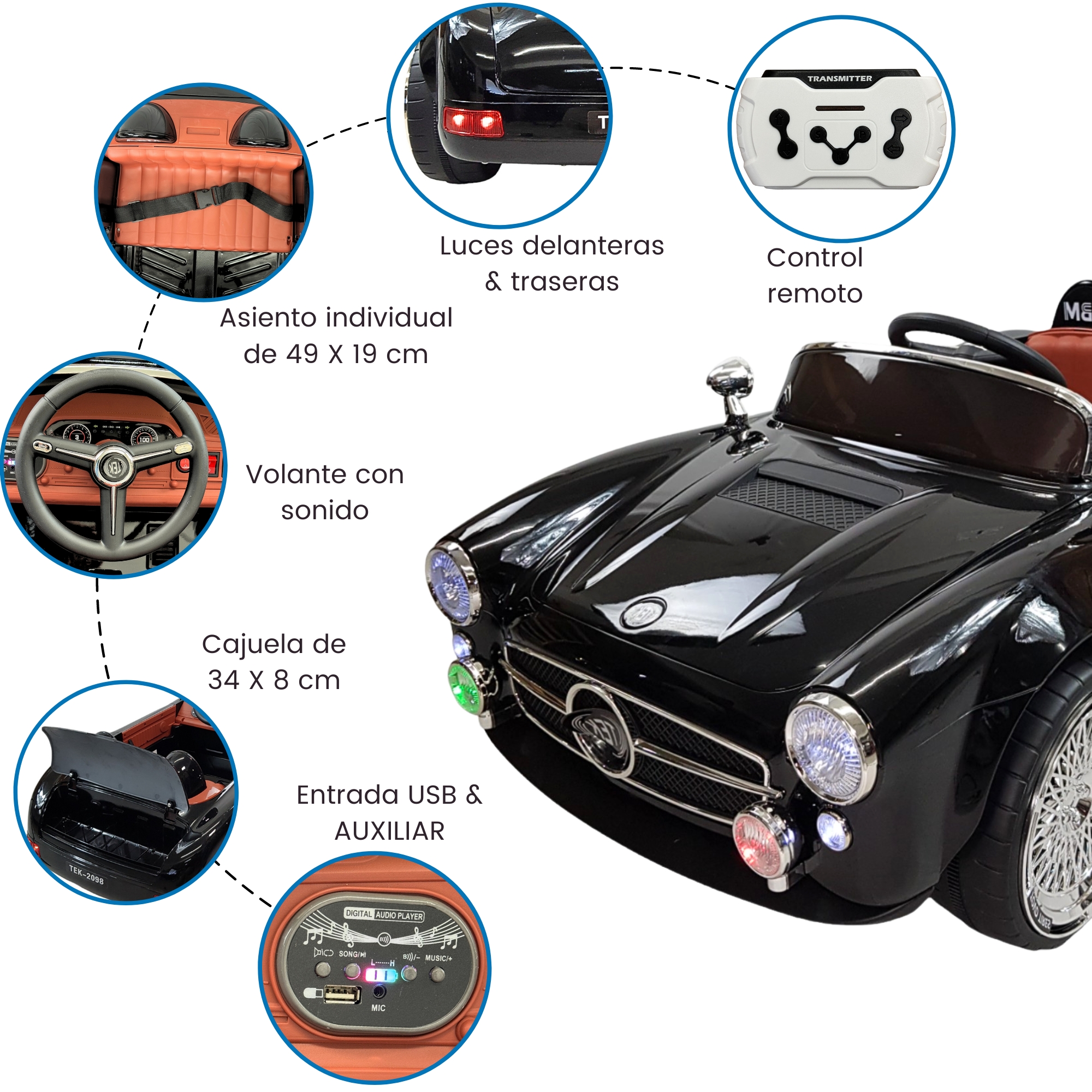 Montable para Niños con Control Remoto,Sonido,luz,12V,Usb - Negro.
