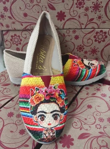 Alpargata Zapato Artesanal Dama Diseño Frida Con Flores Talla 22 cm.