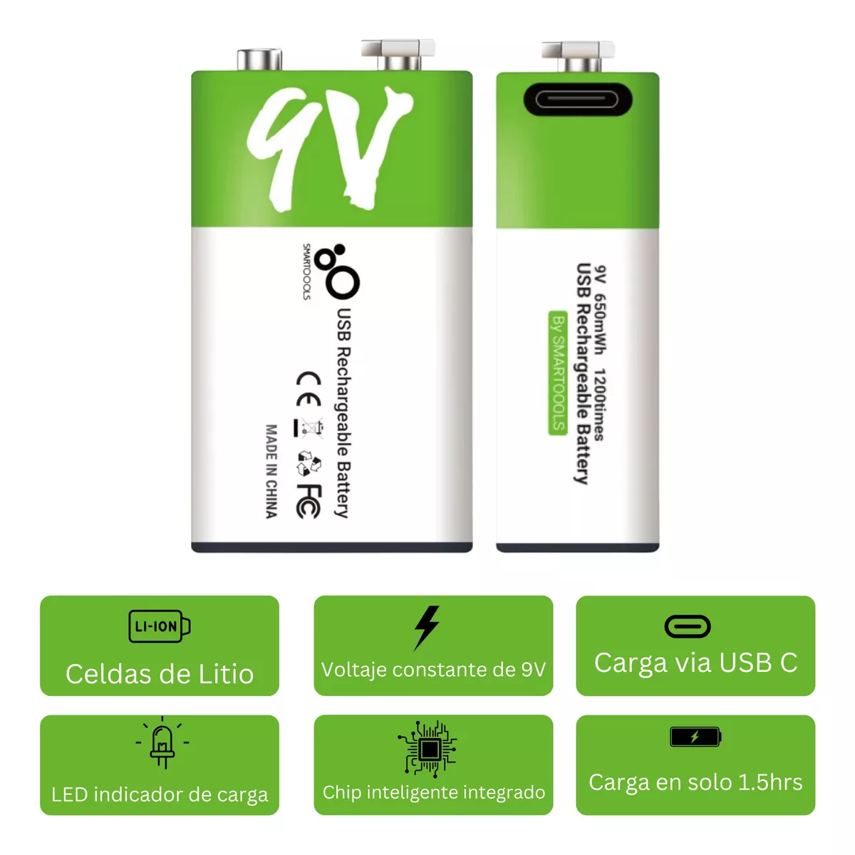 Par  Pilas 9v Recargables Usb C 2600mwh Cuadrada Carga Rapida.