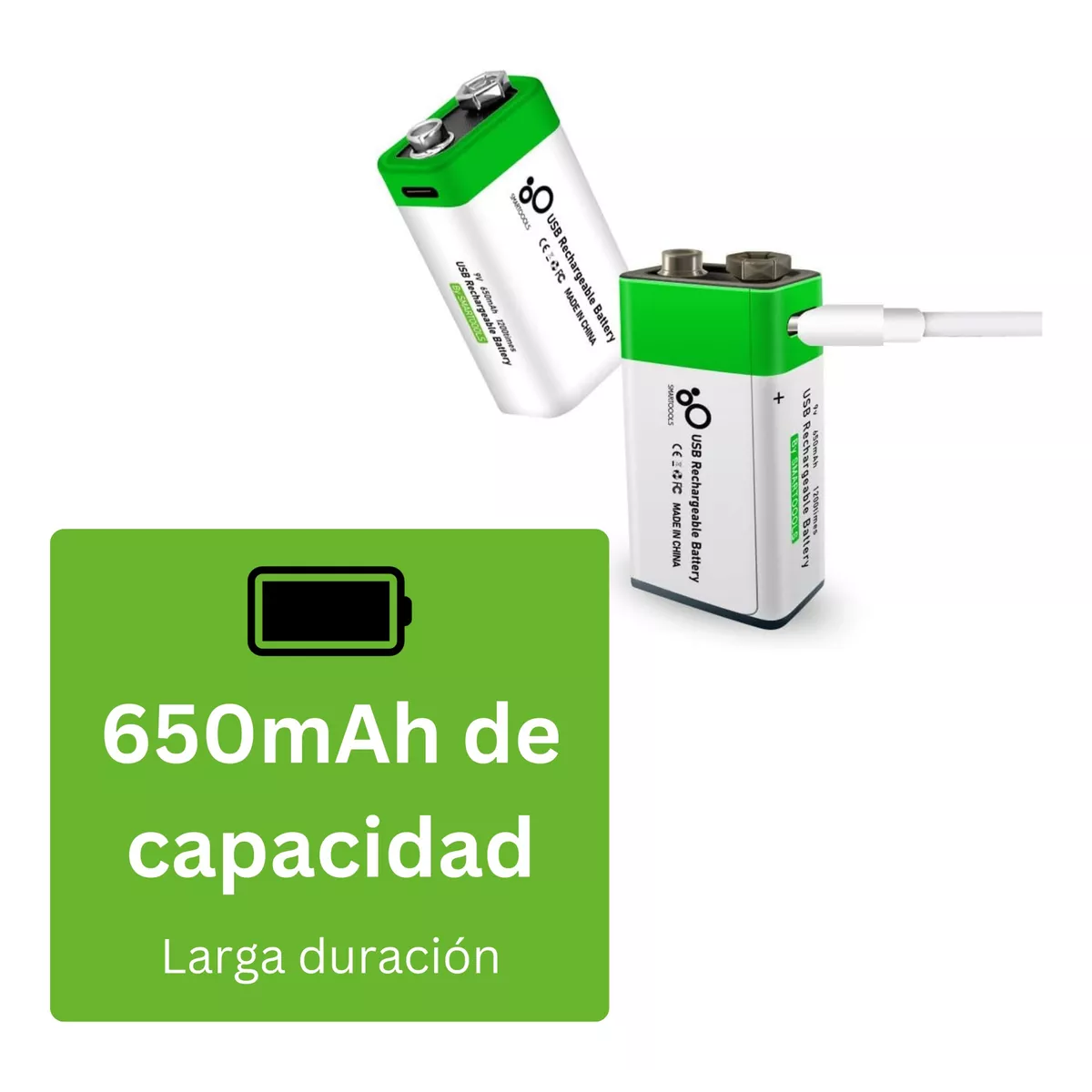 Par  Pilas 9v Recargables Usb C 2600mwh Cuadrada Carga Rapida.