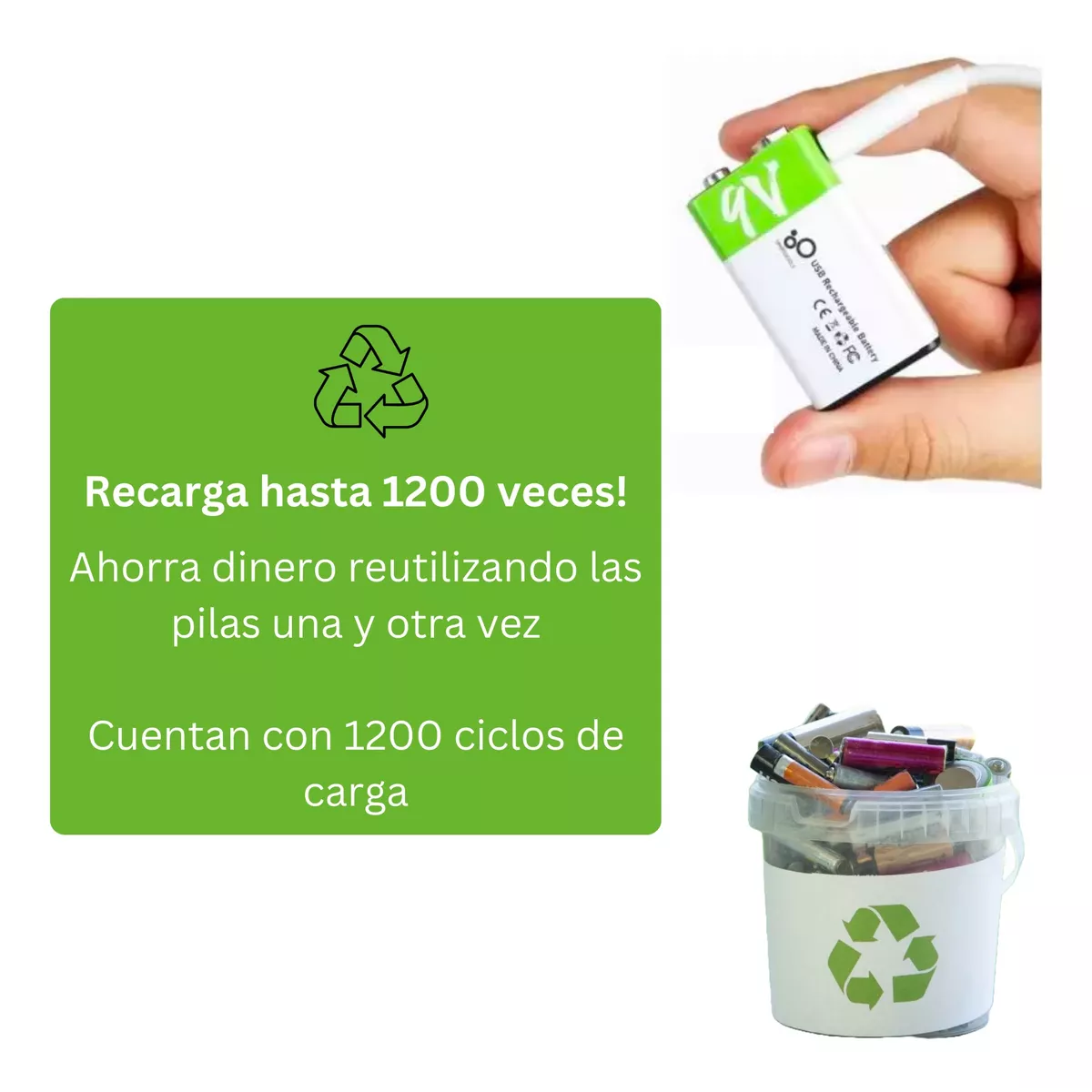 Par  Pilas 9v Recargables Usb C 2600mwh Cuadrada Carga Rapida.