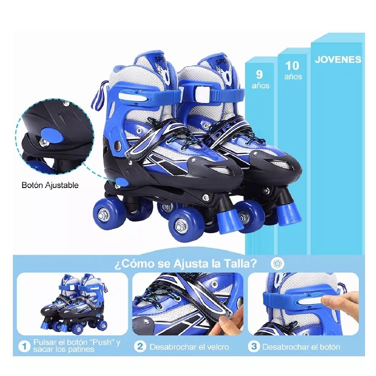 Patines Ajustables 4 Ruedas Protección Para Niños Doble Fila.