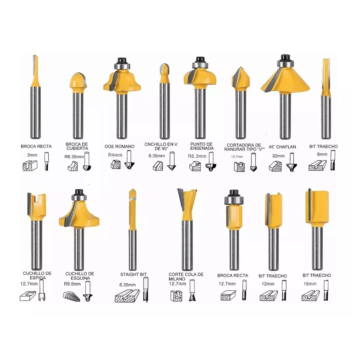 Fresa 1/4 Broca Para Enrutador De Carburo De Tungsteno 15 Pz.
