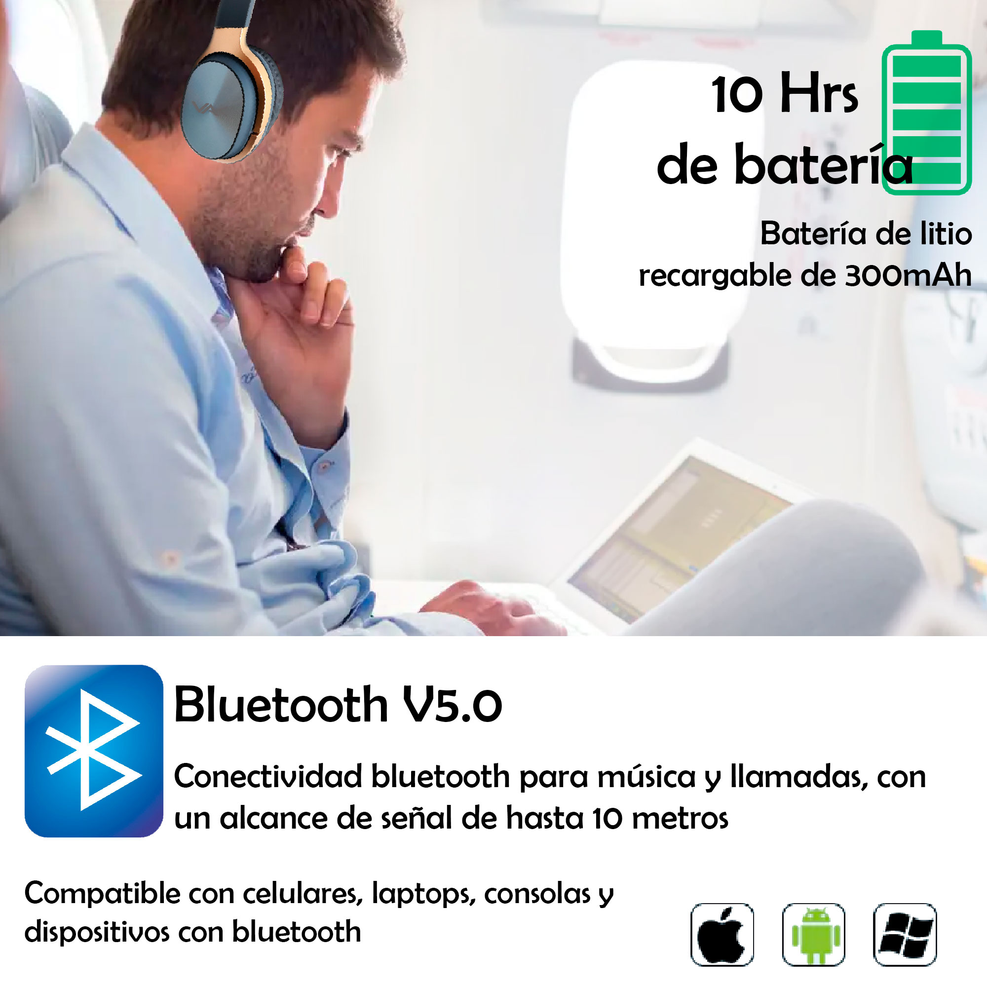 AUDIFONOS VAK T20 Bluetooth FM Entrada SD Aux Diadema GIRATORIA lujo Blanco.