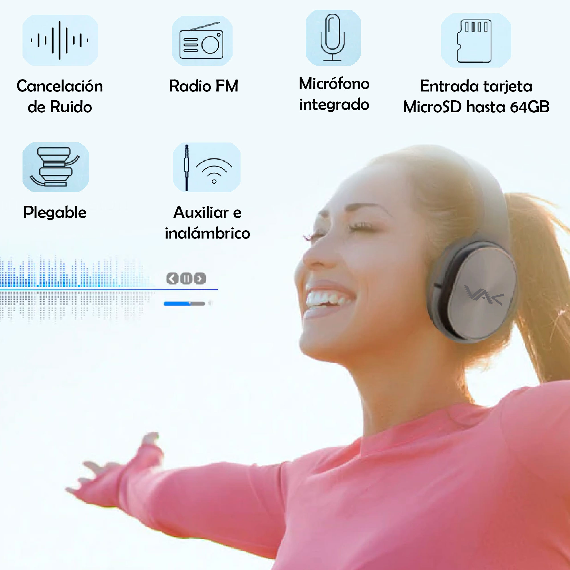 AUDIFONOS VAK T20 Bluetooth FM Entrada SD Aux Diadema GIRATORIA lujo Blanco.