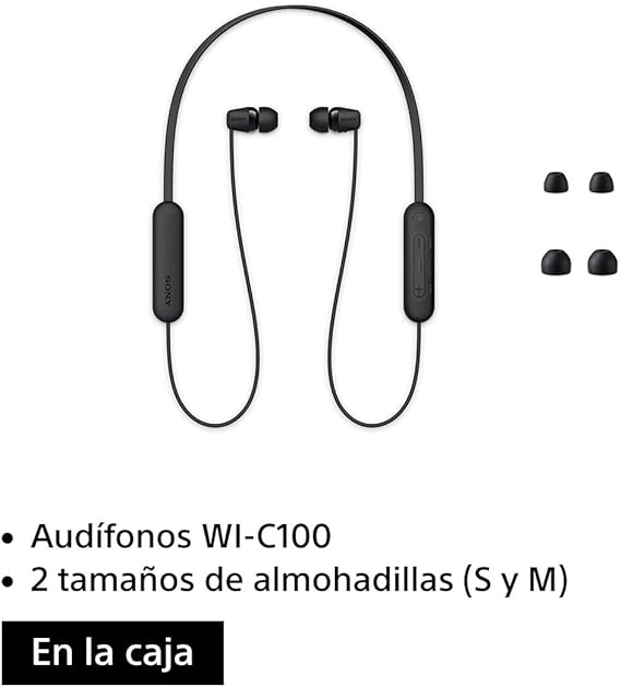 Sony WI-C100 - Audífonos inalámbricos intraauriculares con Banda para el Cuello y micrófono para Llamadas con Manos Libres, Negro, WIC100/B (Versión Nacional).