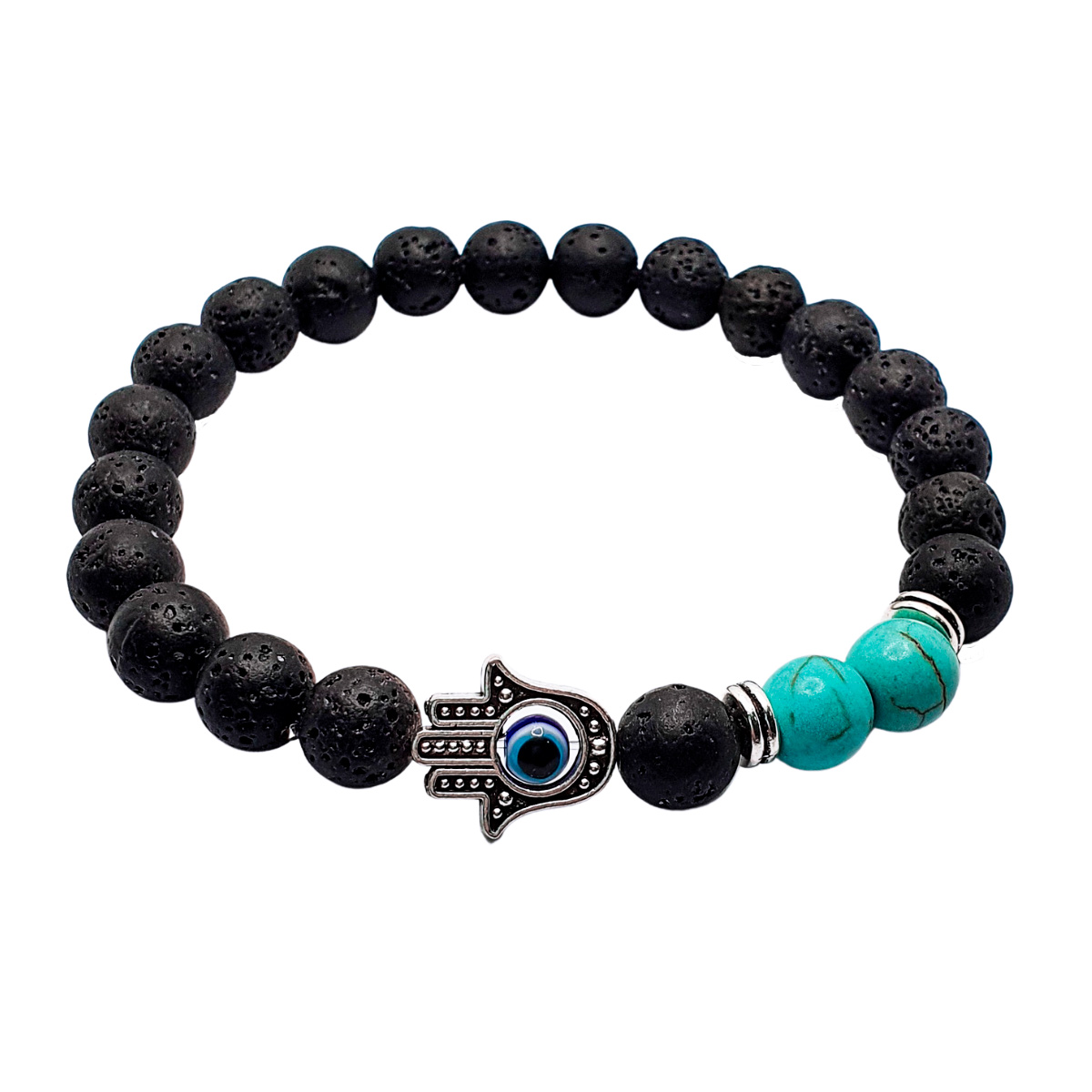 Pulsera de hombre ojo turco y mano de Fátima con piedra volcánica y piedra turquesa.