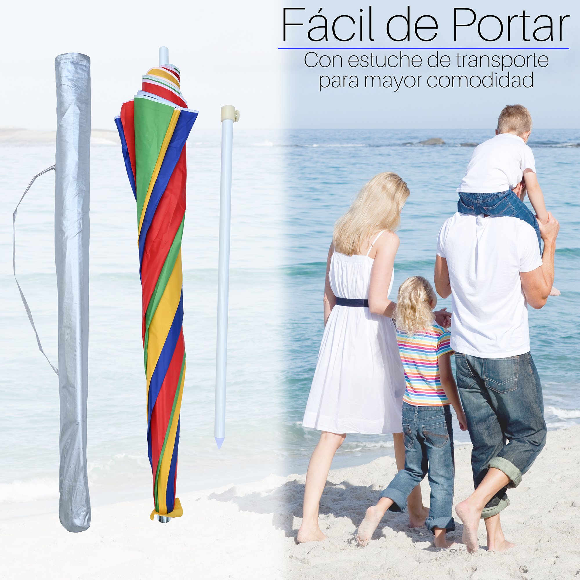 Sombrilla para Playa o Jardín con 2.4mts de Diámetro Funda Protección "UV".
