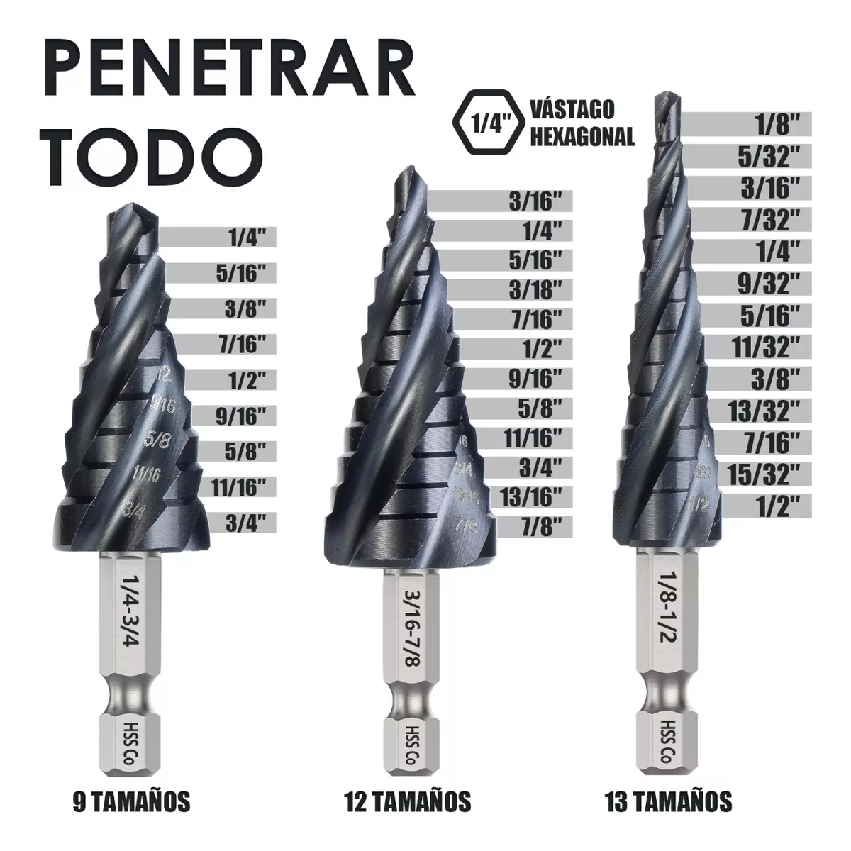 Juego De Brocas Escalonada De Acero Hss M35 Para Metal, 3pz.