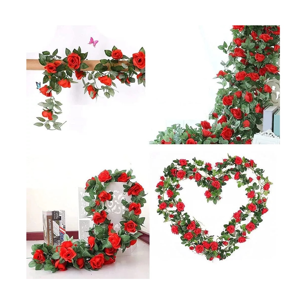Rosas Vid Enredadera Flores Artificiale Decoración 2.4m 3pcs Roja.