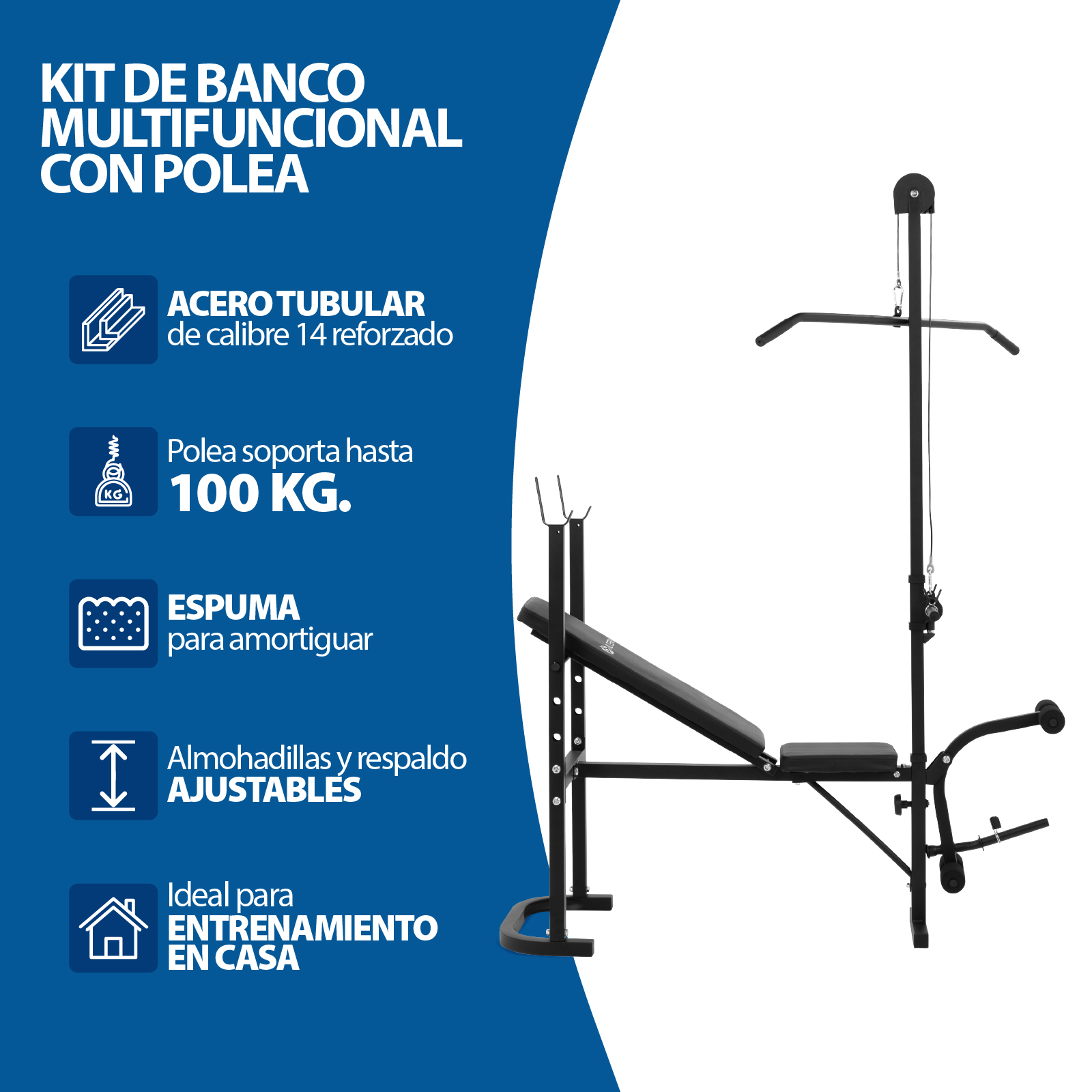 Kit De Banco Multifuncional con polea y ejercicios de pierna para entrenamiento en casa y ejercico funcional.