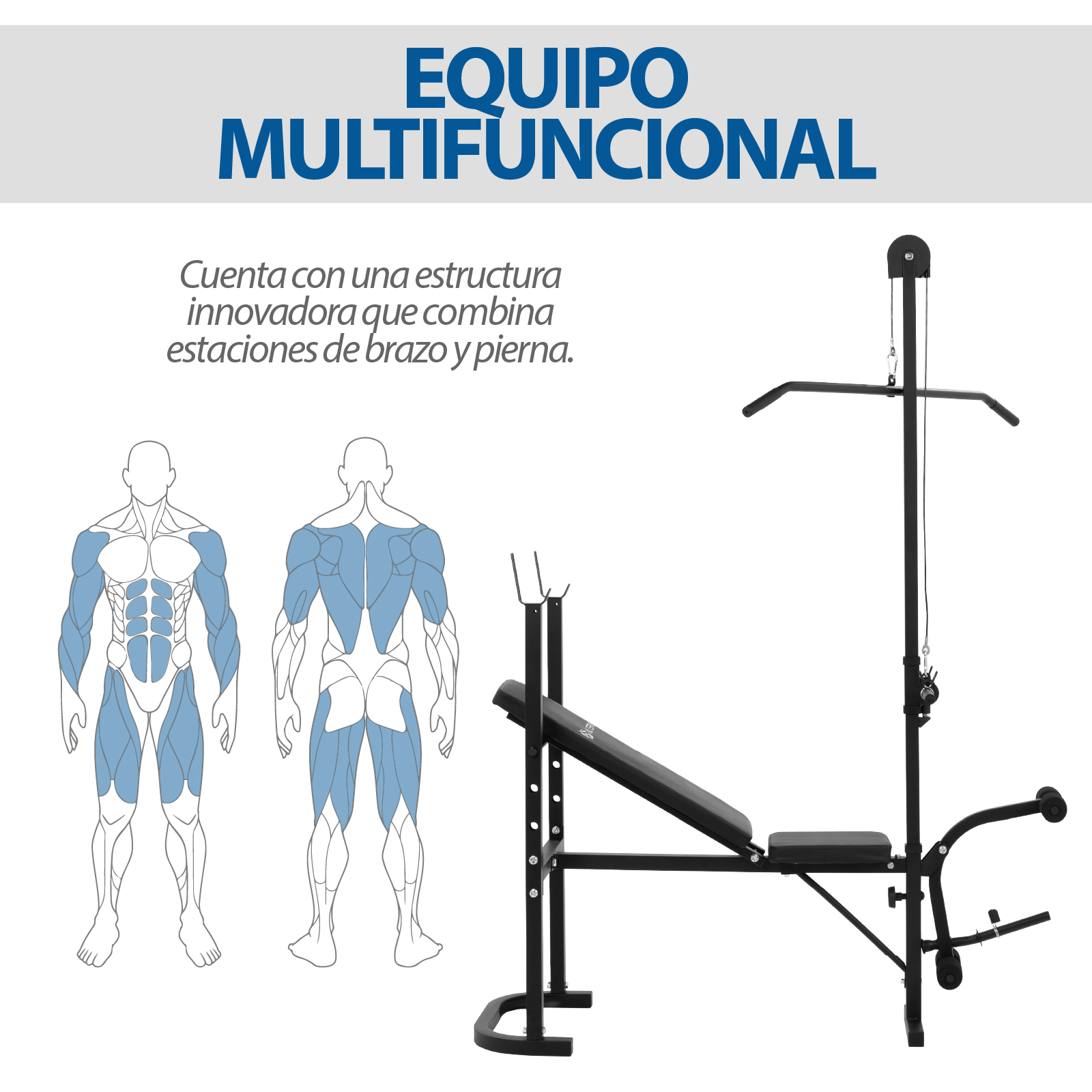 Kit De Banco Multifuncional con polea y ejercicios de pierna para entrenamiento en casa y ejercico funcional.