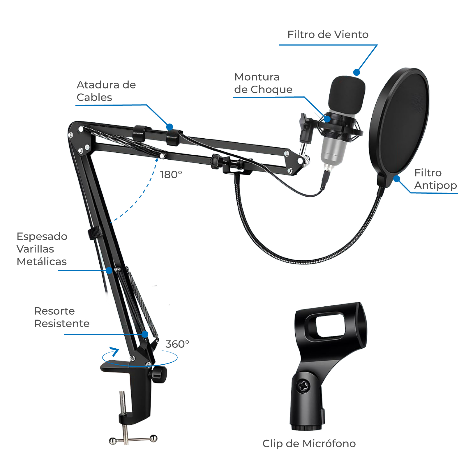 Kit Soporte Brazo para Micrófono Zonar con Accesorios Completos Podcast Streaming.