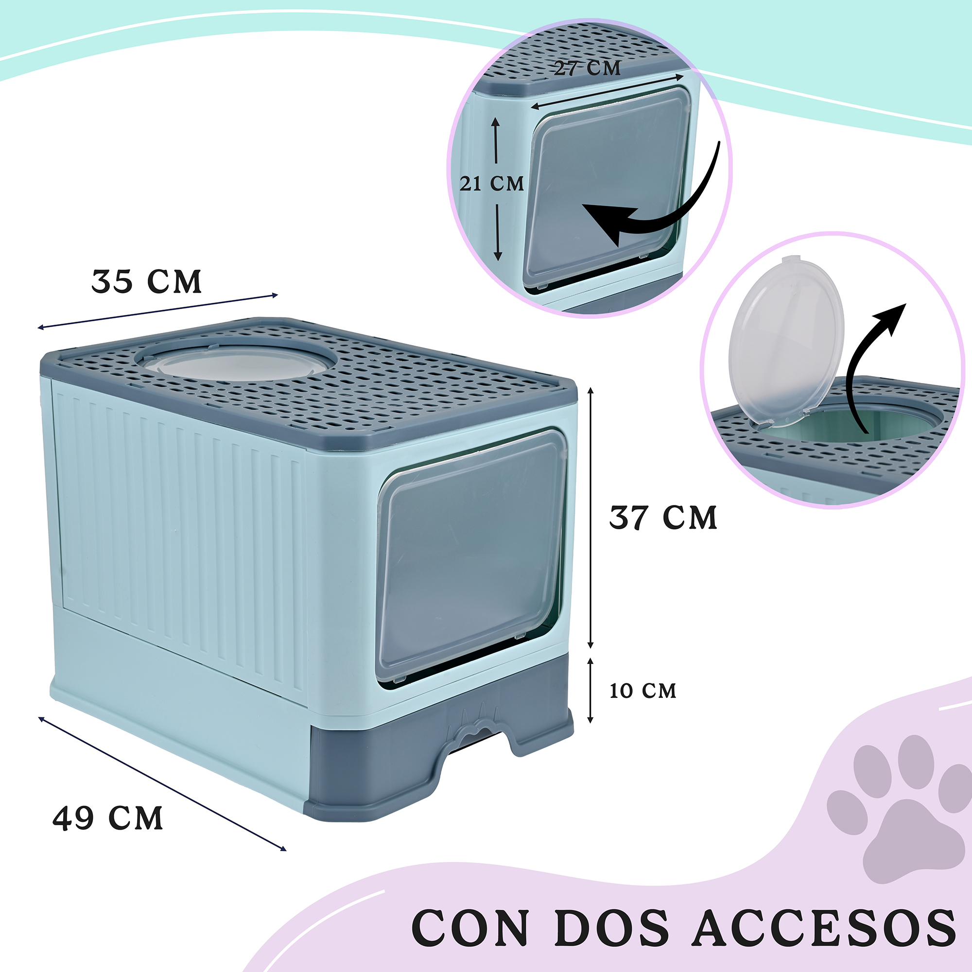 Arenero Para Gato, Caja, Bandeja Sanitaria Extraíble, Tamaño Grande Cerrado, Doble Entrada, Incluye Pala y Filtro, Excelente Material Resistente. MOD: AL002