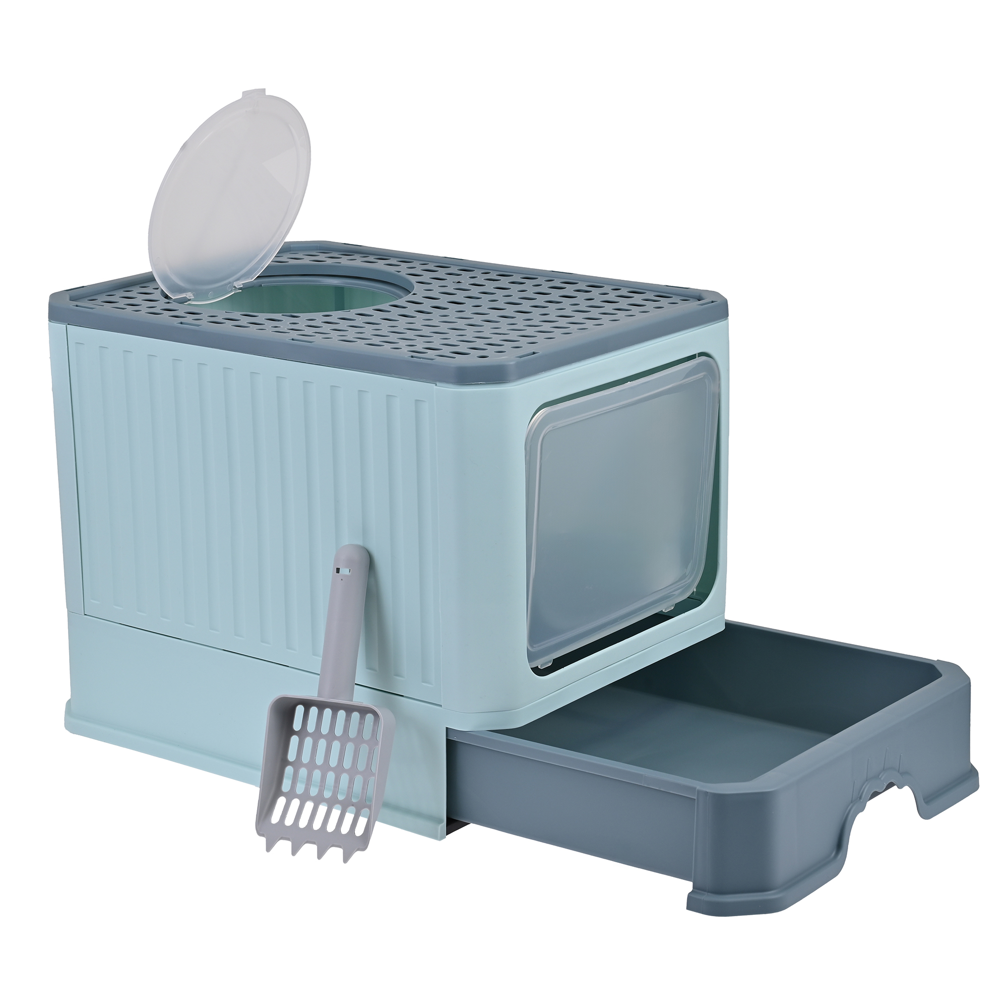 Arenero Para Gato, Caja, Bandeja Sanitaria Extraíble, Tamaño Grande Cerrado, Doble Entrada, Incluye Pala y Filtro, Excelente Material Resistente. MOD: AL002