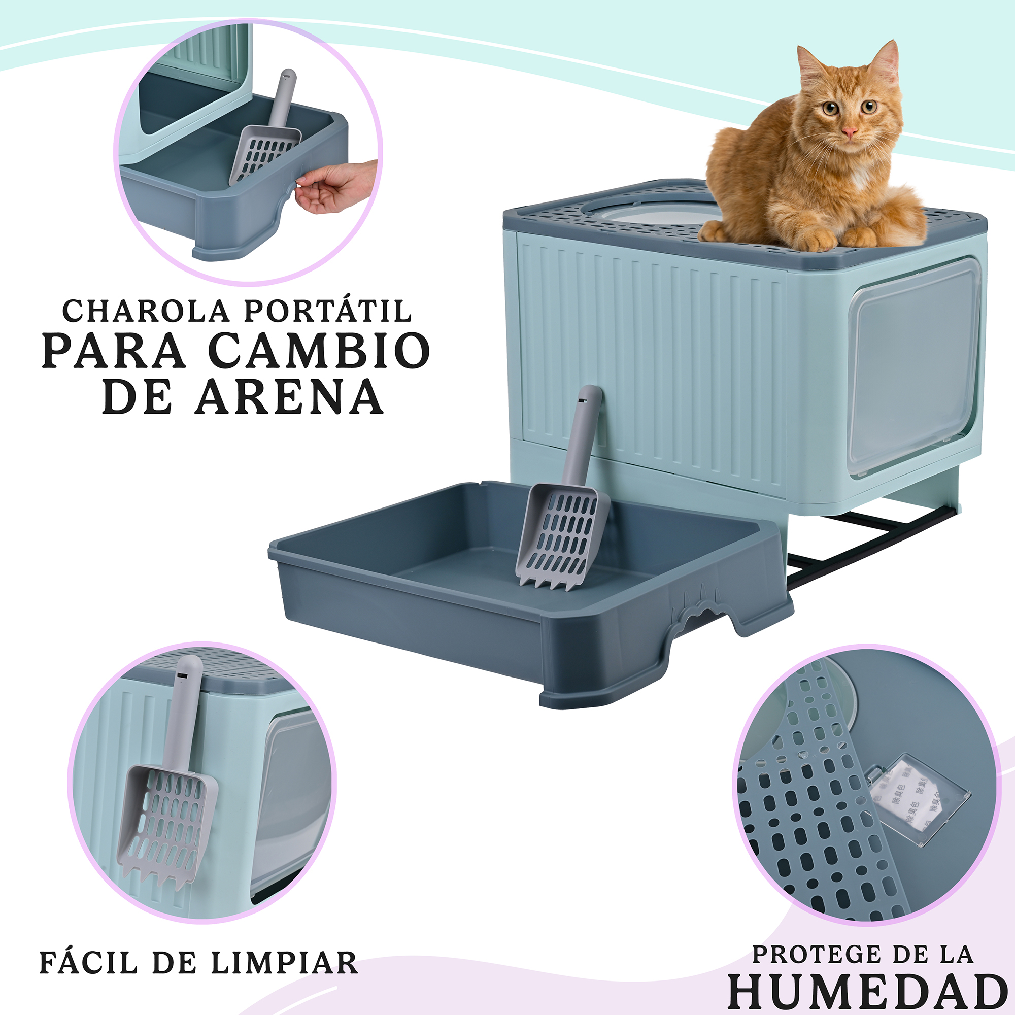 Arenero Para Gato, Caja, Bandeja Sanitaria Extraíble, Tamaño Grande Cerrado, Doble Entrada, Incluye Pala y Filtro, Excelente Material Resistente. MOD: AL002