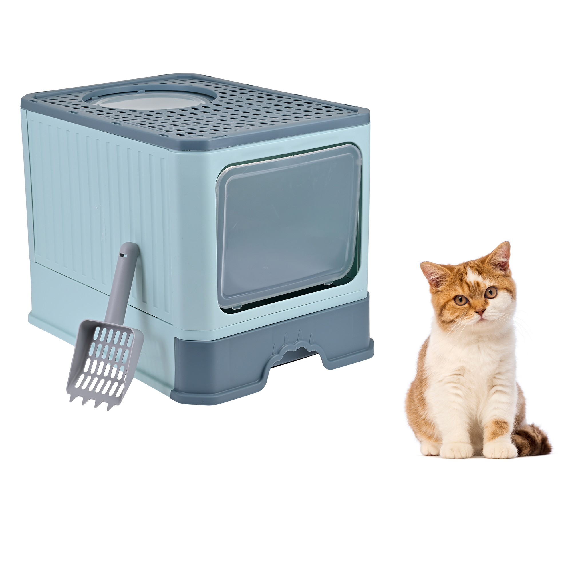 Arenero Para Gato, Caja, Bandeja Sanitaria Extraíble, Tamaño Grande Cerrado, Doble Entrada, Incluye Pala y Filtro, Excelente Material Resistente. MOD: AL002