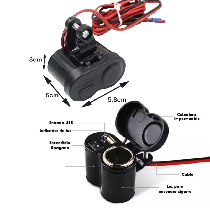 Cargador Para Celular Moto MLD-122 Tipo Encendedor 12v 2 Usb.