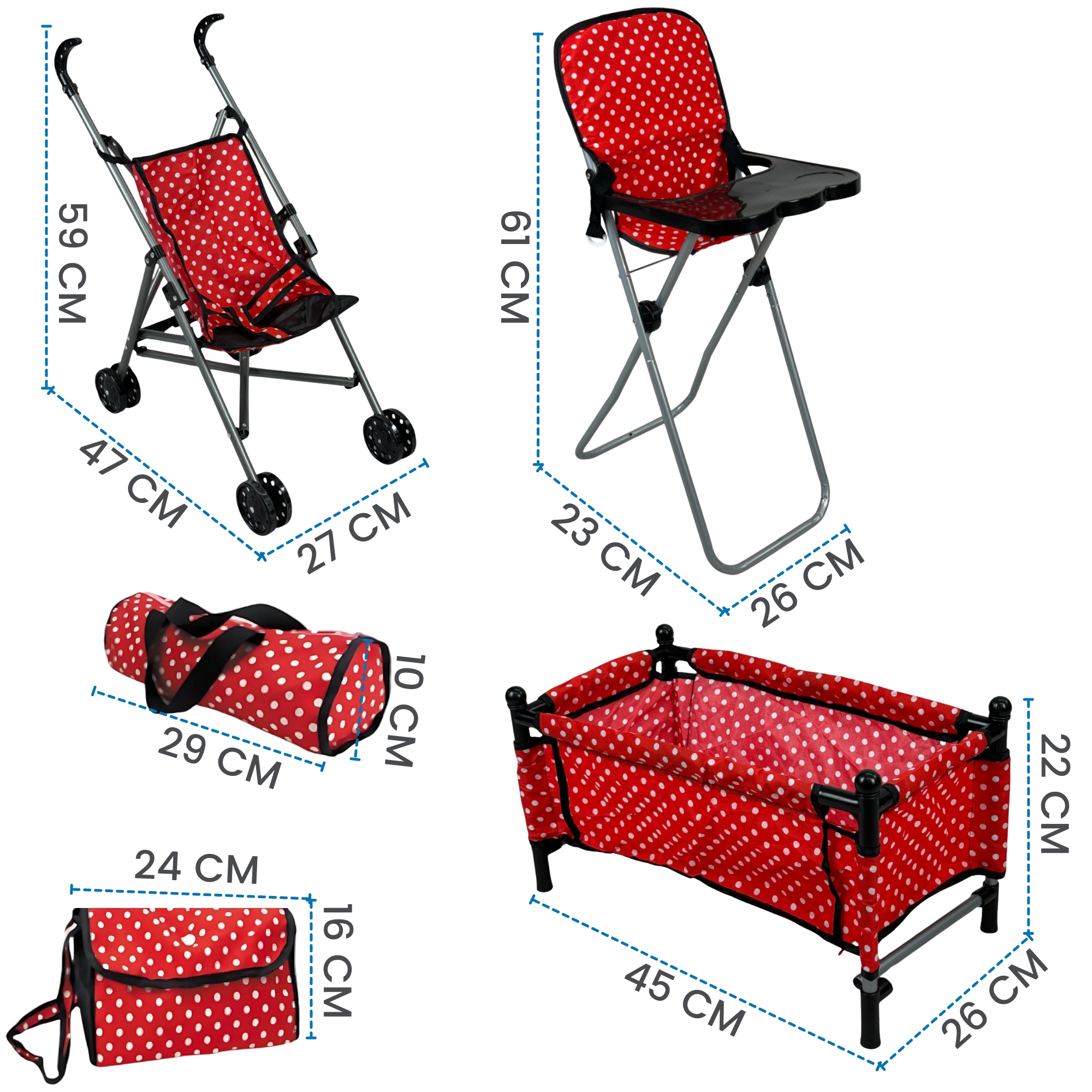 Juego de Muñecas con Accesorios Cuna Carriola Periquera Niña - Rojo.