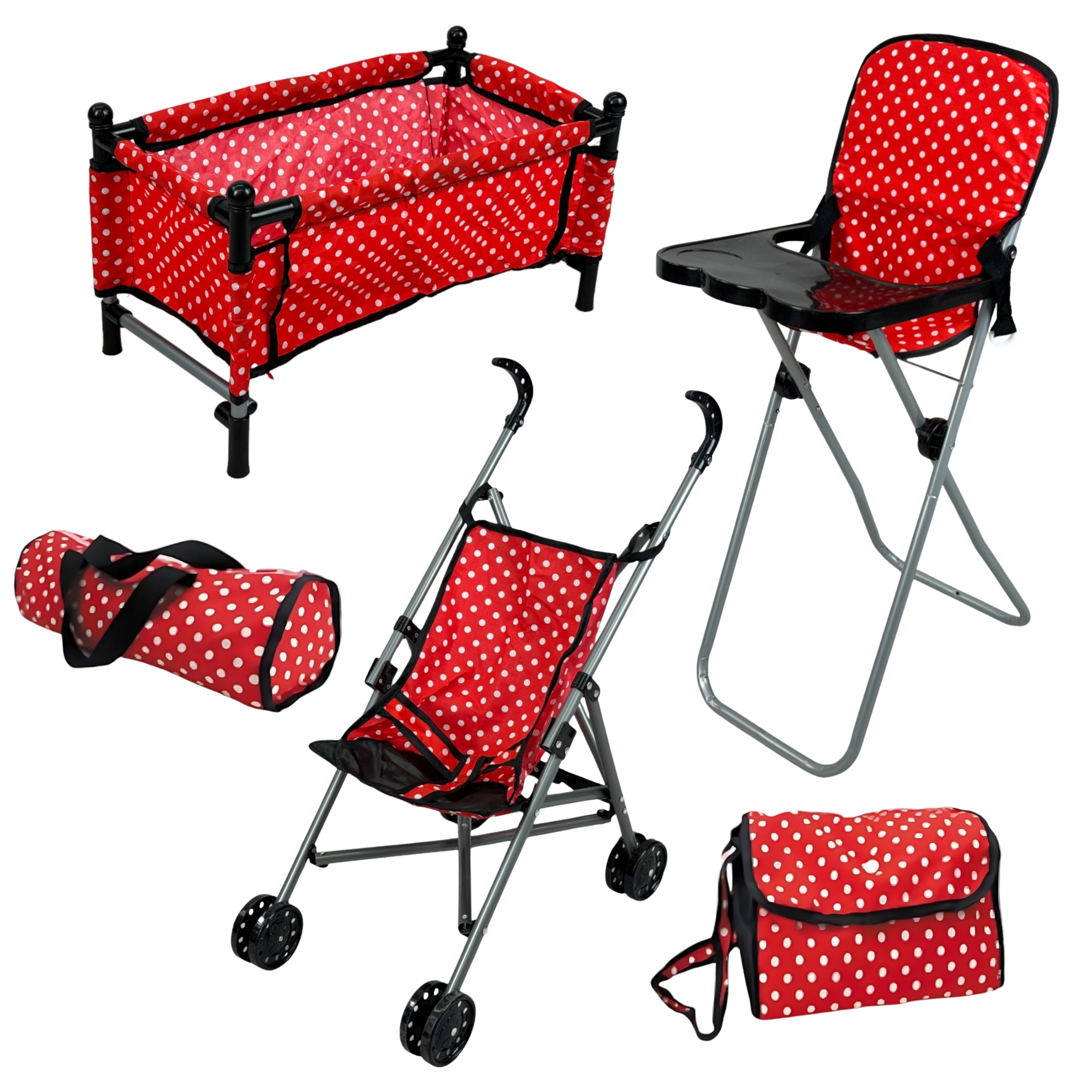 Juego de Muñecas con Accesorios Cuna Carriola Periquera Niña - Rojo.
