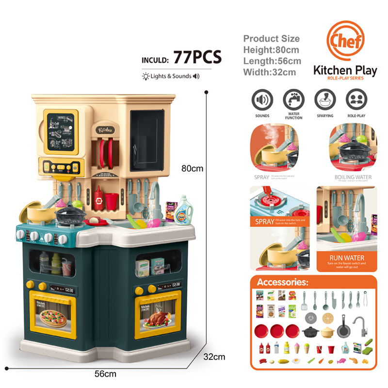 Cocina de Juguete para Niños 77pz Sonido,Agua,Vapor,Luz - Verde.