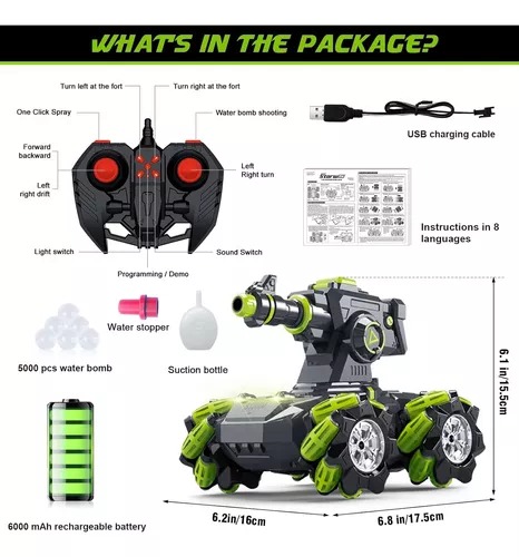 Tanque Vapor Y Balas Agua Radio Control Spray Storw Pro 180° Verde.