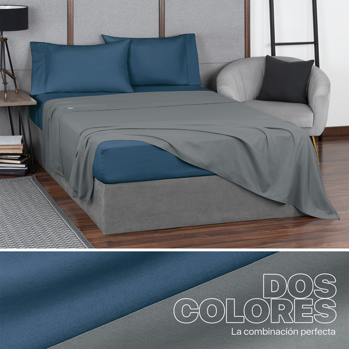 Sábanas Duotono Queen Size Microfibra Gris Lunar / Azul Oscuro REAL TEXTIL.