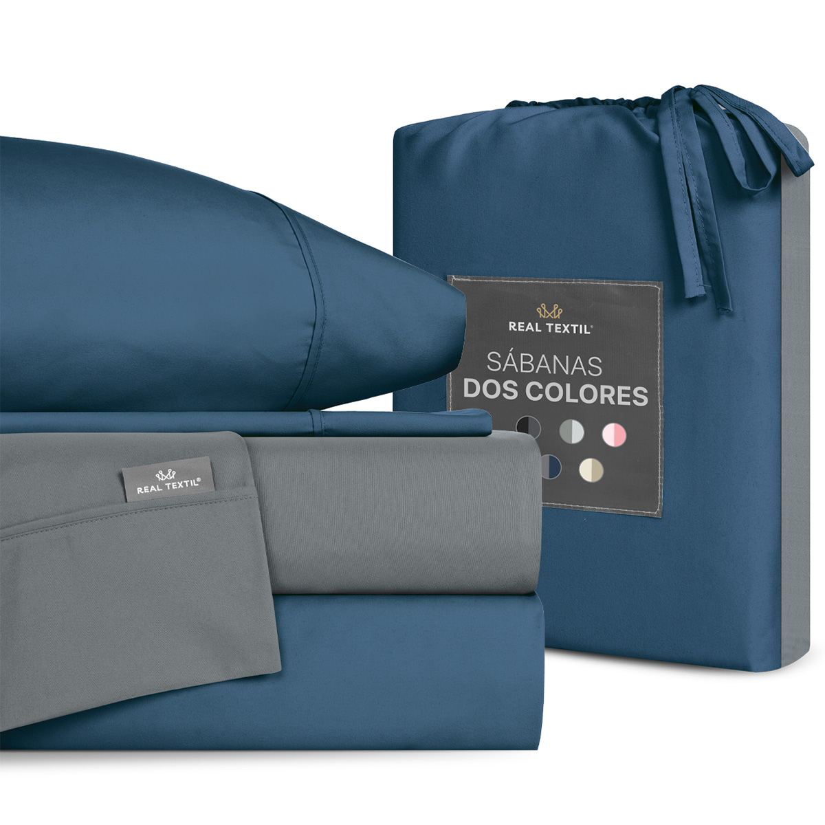 Sábanas Duotono Queen Size Microfibra Gris Lunar / Azul Oscuro REAL TEXTIL.