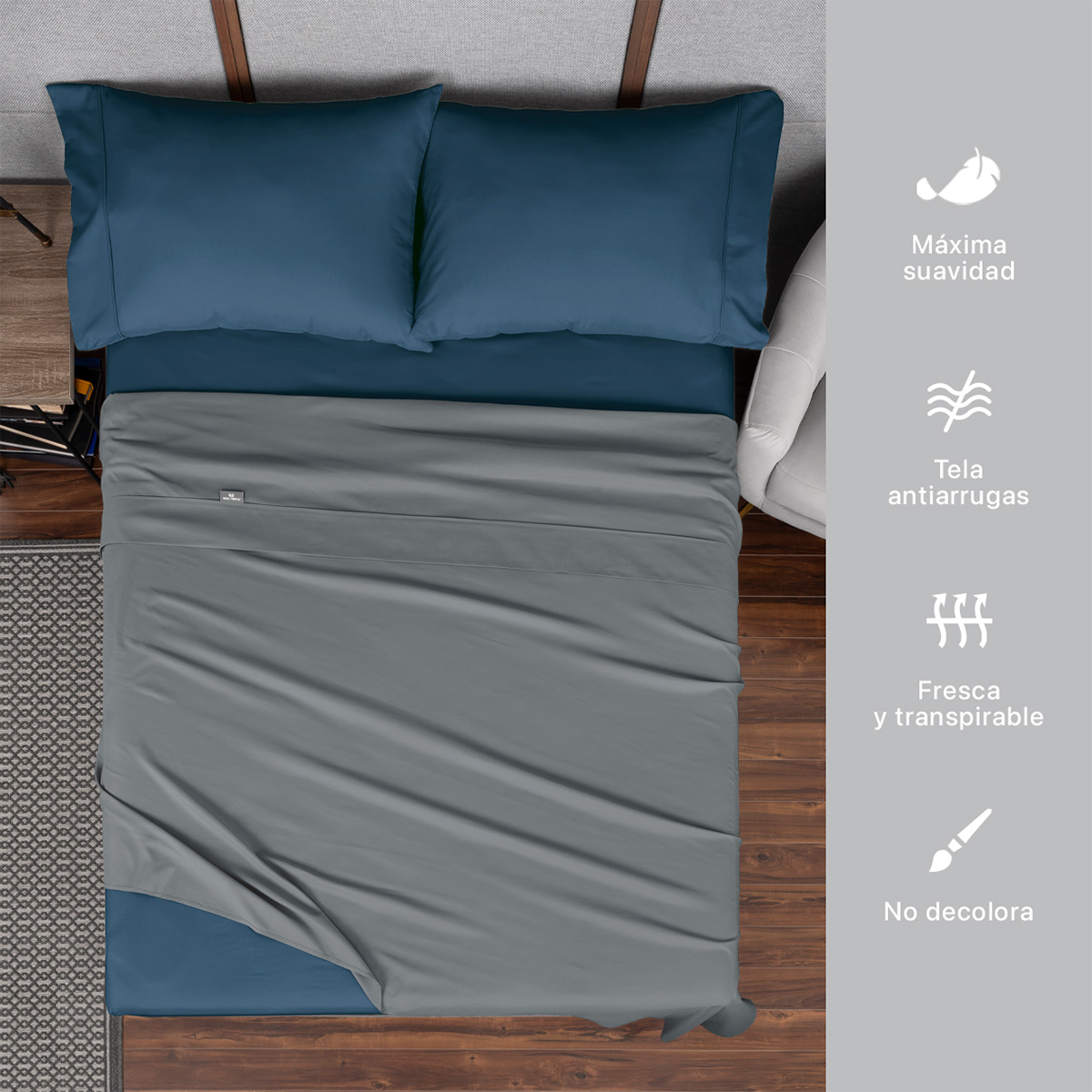 Sábanas Duotono Queen Size Microfibra Gris Lunar / Azul Oscuro REAL TEXTIL.