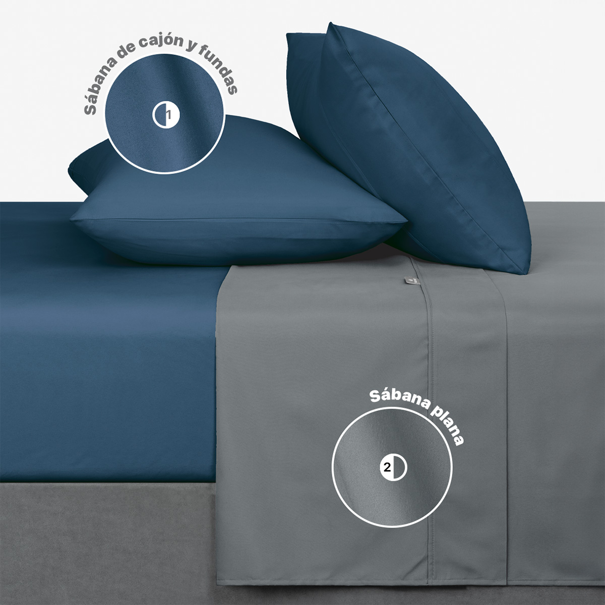 Sábanas Duotono Queen Size Microfibra Gris Lunar / Azul Oscuro REAL TEXTIL.