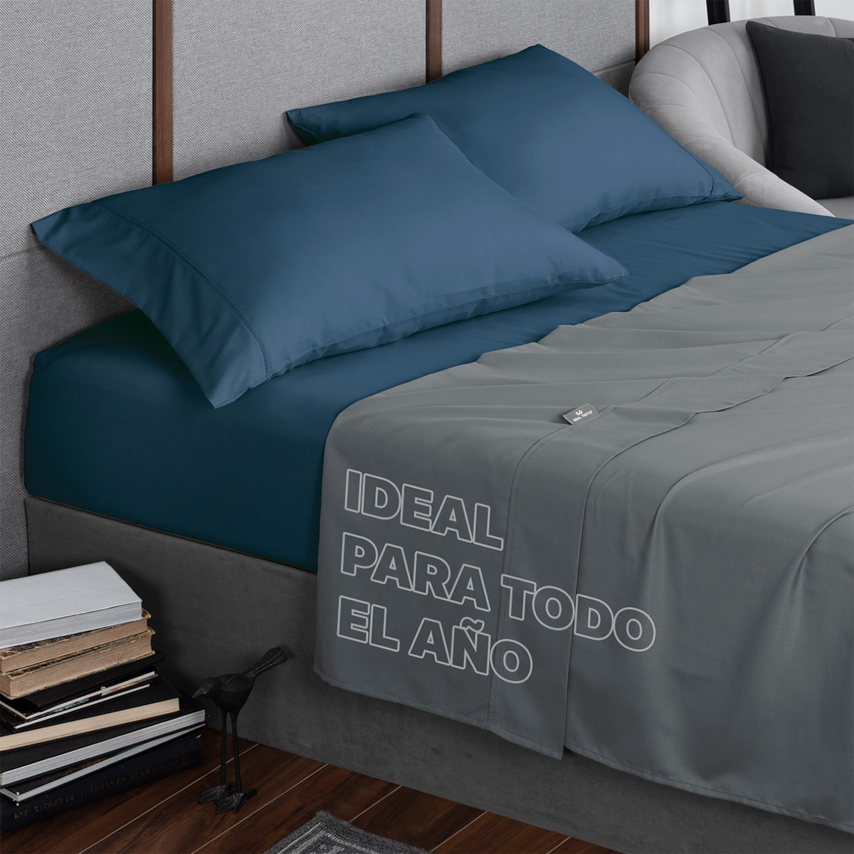 Sábanas Duotono Queen Size Microfibra Gris Lunar / Azul Oscuro REAL TEXTIL.