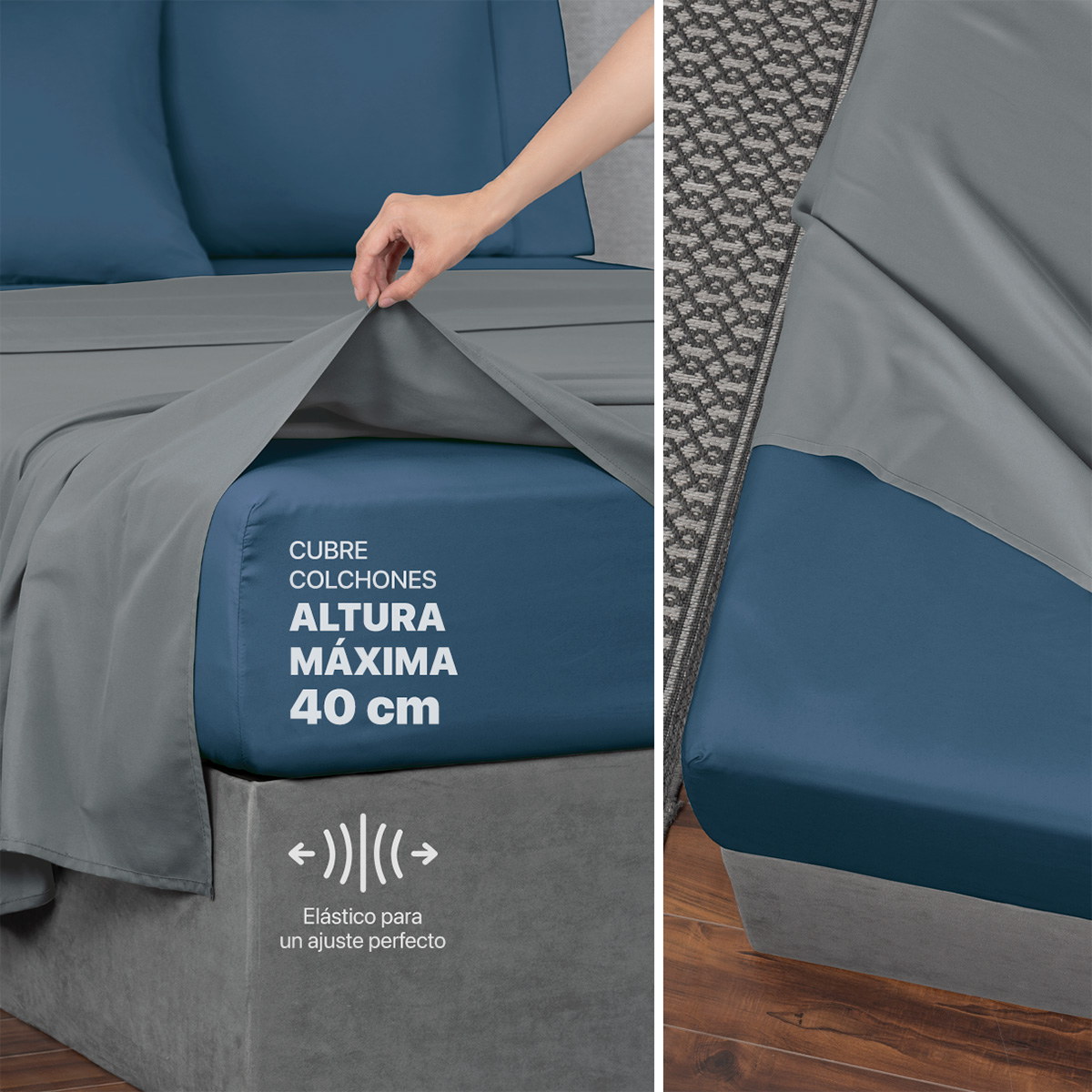 Sábanas Duotono Queen Size Microfibra Gris Lunar / Azul Oscuro REAL TEXTIL.