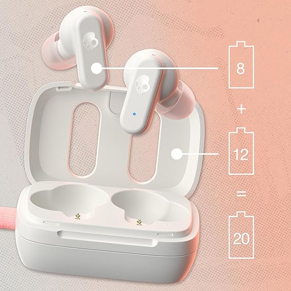 Skullcandy Dime 3 Auriculares In-Ear Inalámbricos, 20 h de Autonomía, Micrófono, Compatibles con iPhone Android y Dispositivos Bluetooth, Blanco.
