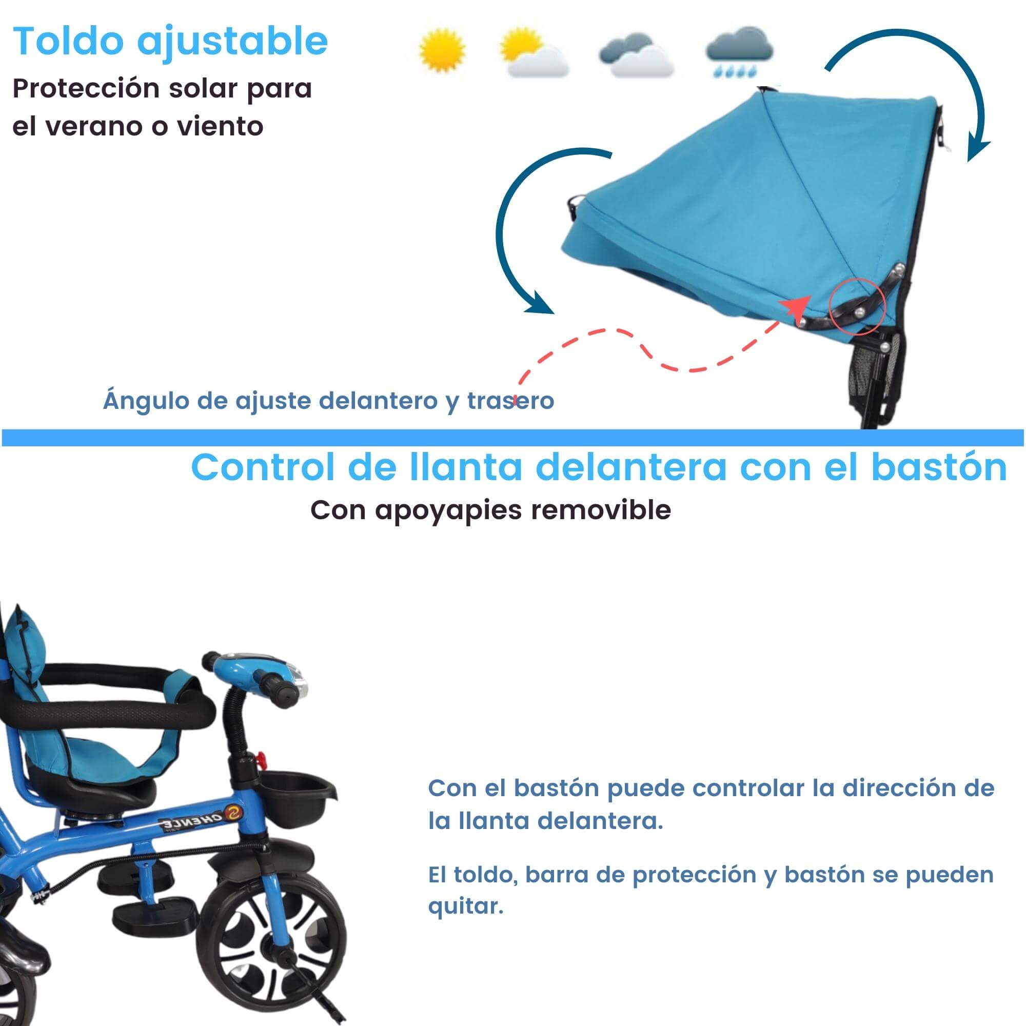 Triciclo Evolutivo para Niños Asiento Giratorio 360 Luz Capota  - Azul.