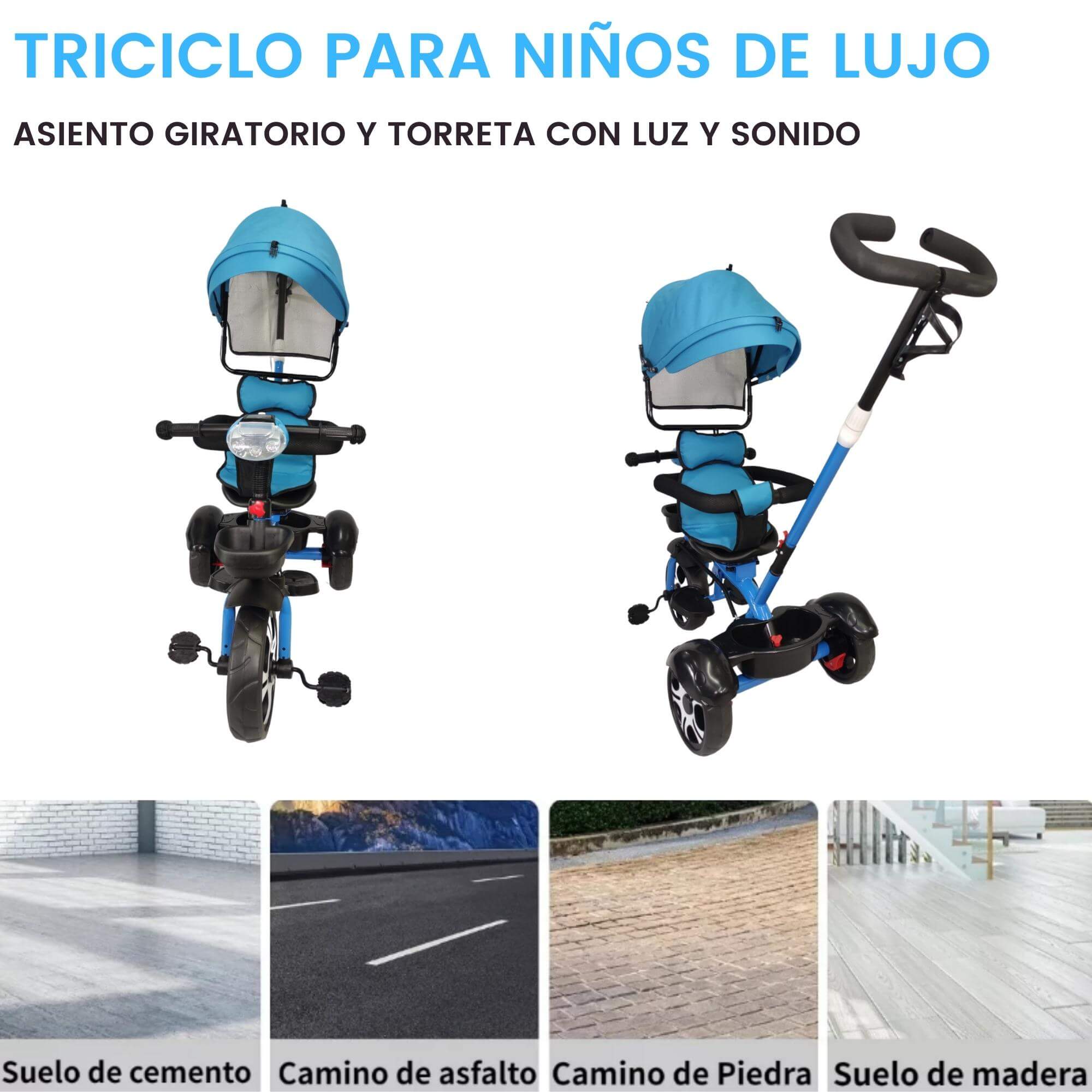 Triciclo Evolutivo para Niños Asiento Giratorio 360 Luz Capota  - Azul.