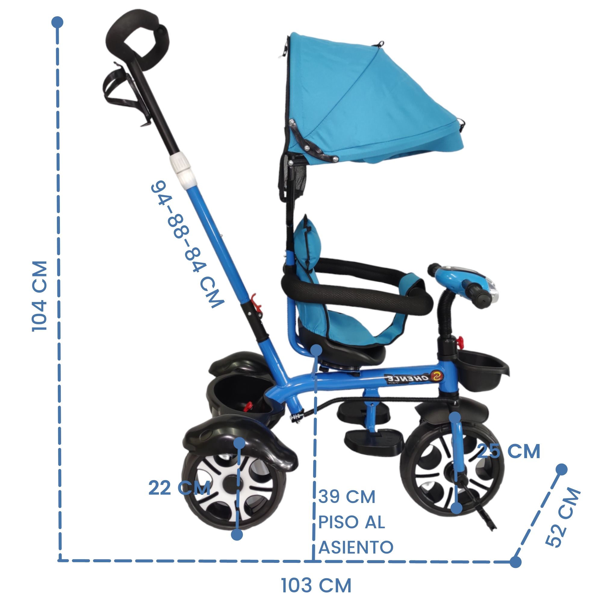 Triciclo Evolutivo para Niños Asiento Giratorio 360 Luz Capota  - Azul.