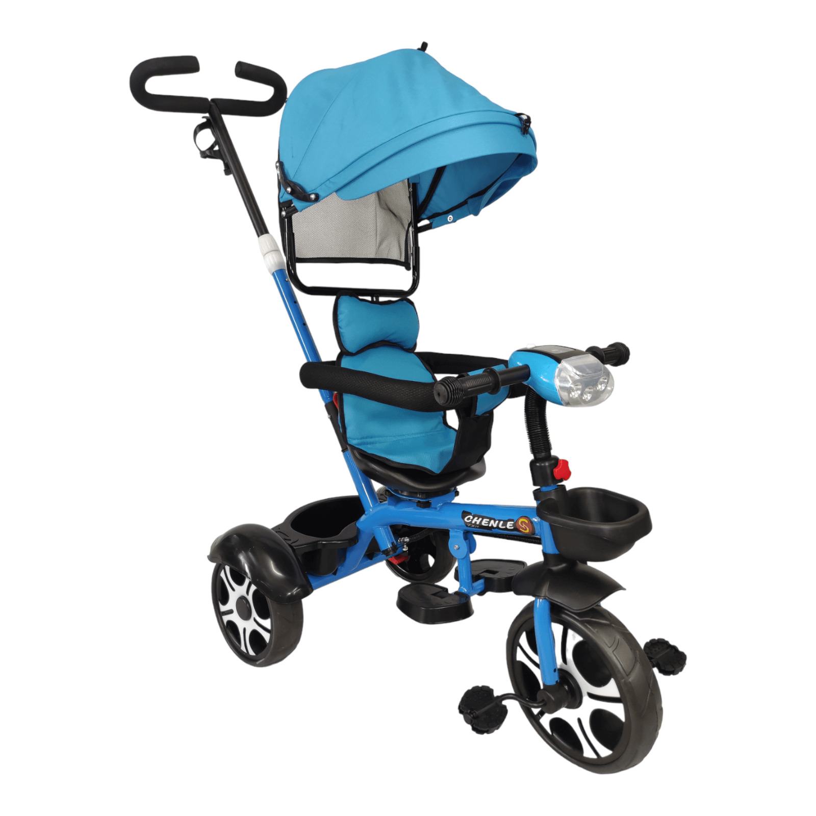 Triciclo Evolutivo para Niños Asiento Giratorio 360 Luz Capota  - Azul.