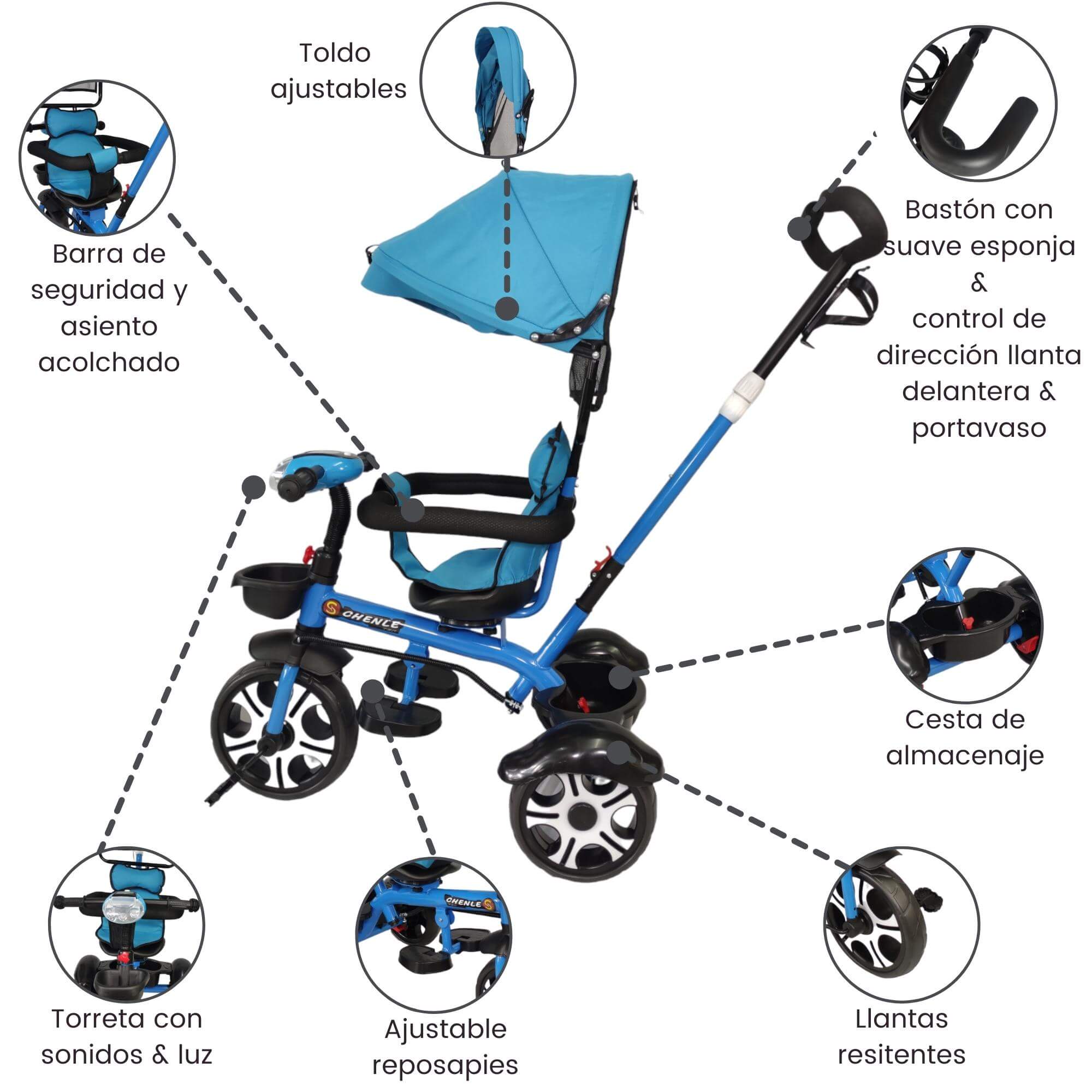 Triciclo Evolutivo para Niños Asiento Giratorio 360 Luz Capota  - Azul.