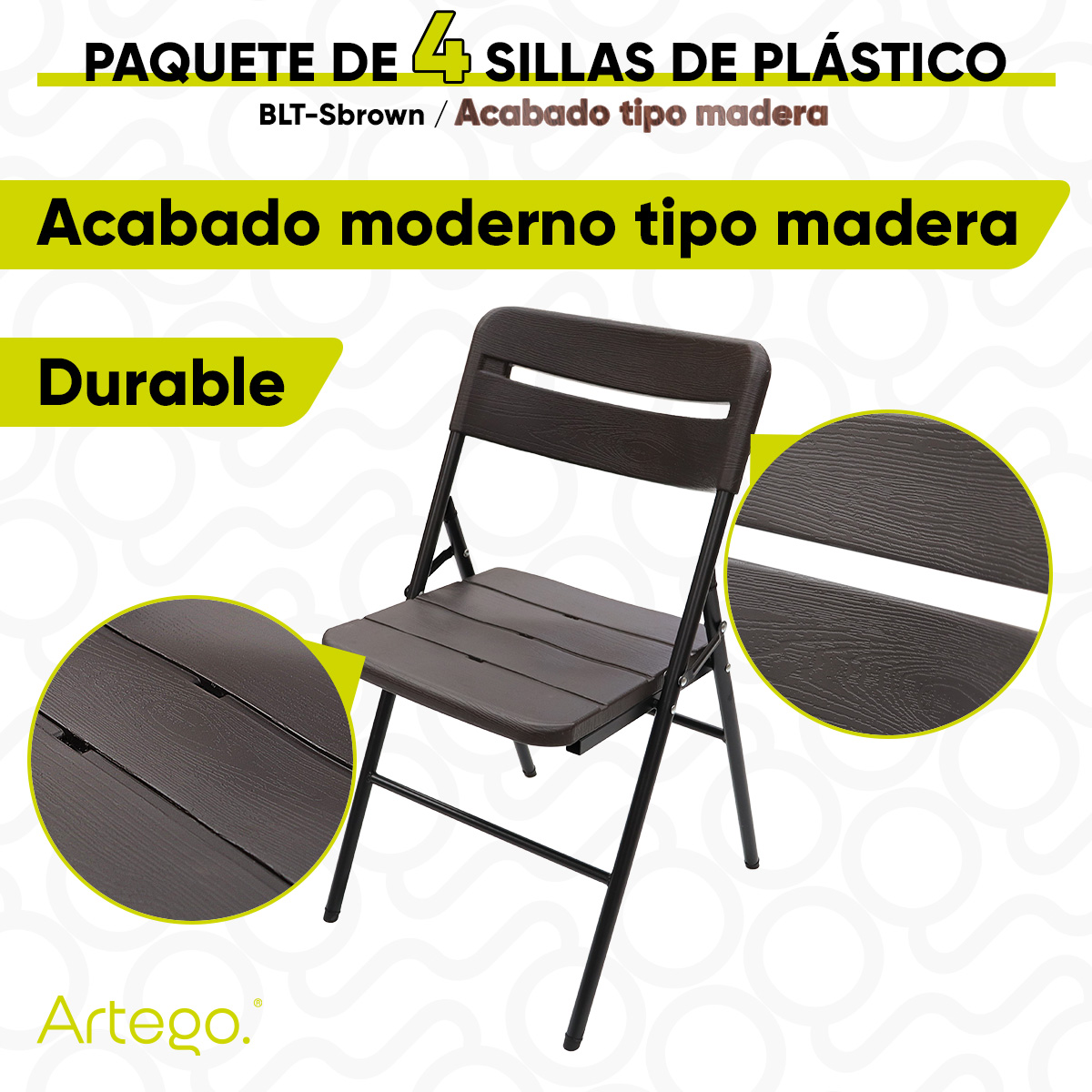 Silla plegable acabado tipo madera plástico HDPE ligera Folding chair compacta para terraza jardín eventos paquete de 4 sillas.
