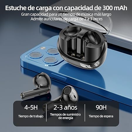 Audífonos Inalámbricos,Bluetooth 5.3 con 9D Estéreo HiFi,Auriculares Superligero Y Impermeable IPX7,Cancelación de Ruido, Audífonos Bluetooth con Control Táctil, Ideal para Xiaomi/Huawei/Samsung-Negro.