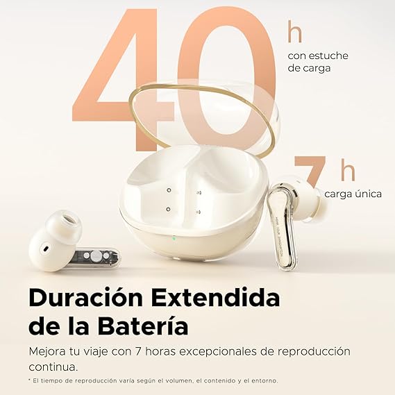 SoundPEATS Clear Audífonos Inalámbricos Bluetooth 5.3, Controladores de 12 mm y Doble Micrófono ENC para Llamadas Claras Modo de Juego 40 Horas de Tiempo de Reproducción Control de Aplicación.