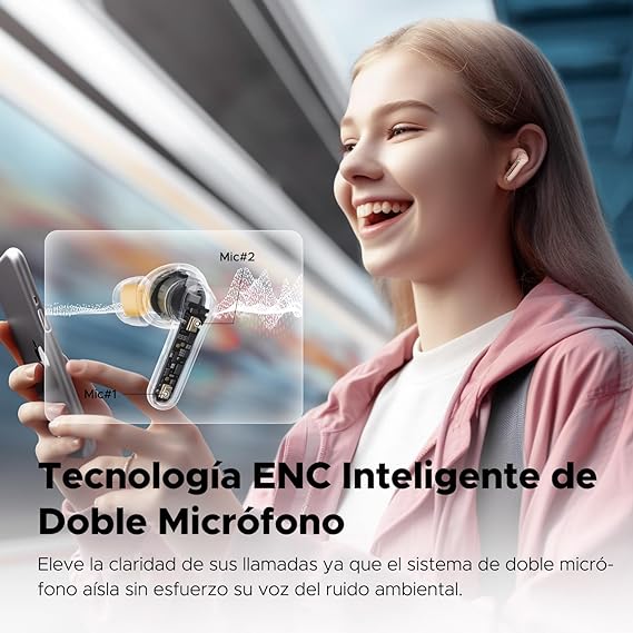 SoundPEATS Clear Audífonos Inalámbricos Bluetooth 5.3, Controladores de 12 mm y Doble Micrófono ENC para Llamadas Claras Modo de Juego 40 Horas de Tiempo de Reproducción Control de Aplicación.