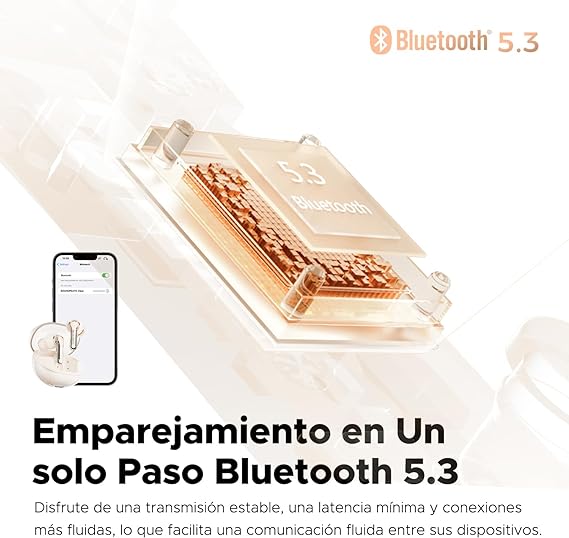 SoundPEATS Clear Audífonos Inalámbricos Bluetooth 5.3, Controladores de 12 mm y Doble Micrófono ENC para Llamadas Claras Modo de Juego 40 Horas de Tiempo de Reproducción Control de Aplicación.