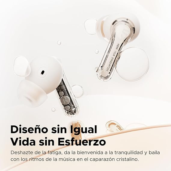 SoundPEATS Clear Audífonos Inalámbricos Bluetooth 5.3, Controladores de 12 mm y Doble Micrófono ENC para Llamadas Claras Modo de Juego 40 Horas de Tiempo de Reproducción Control de Aplicación.